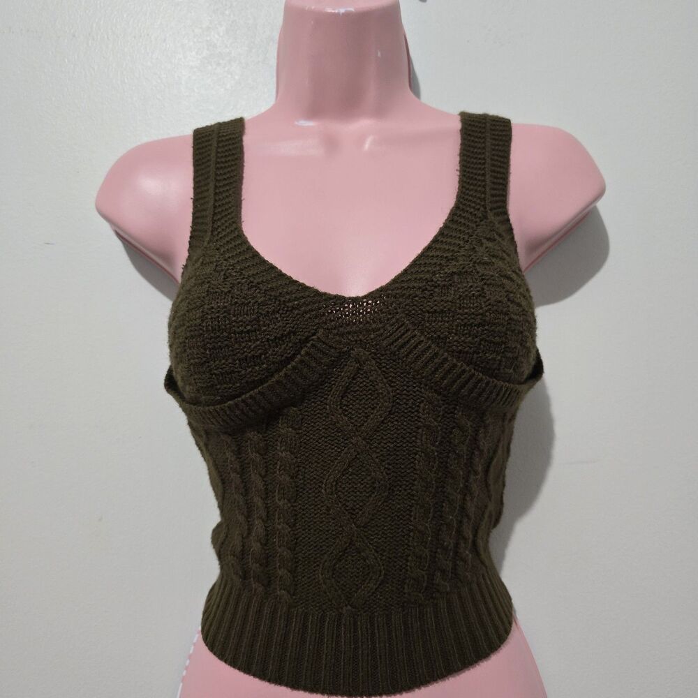 Tank Top - Cable Knit Wide Strap Cropped - Size S - Brown